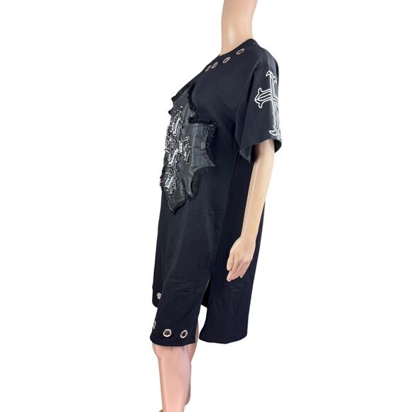 Black Short Sleeve Women Cross Studded Rhinestones Crew Neck Tee Dress OS - Picture 5 of 9